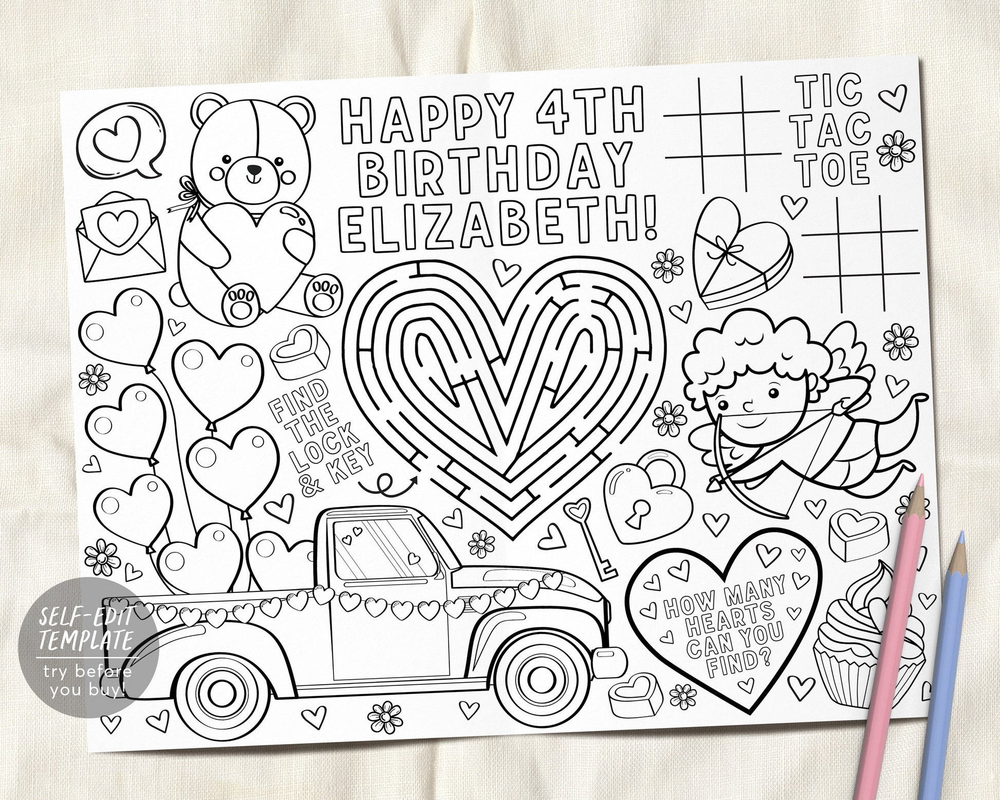 Valentine coloring placemat for kids editable template valentines day â puff paper co