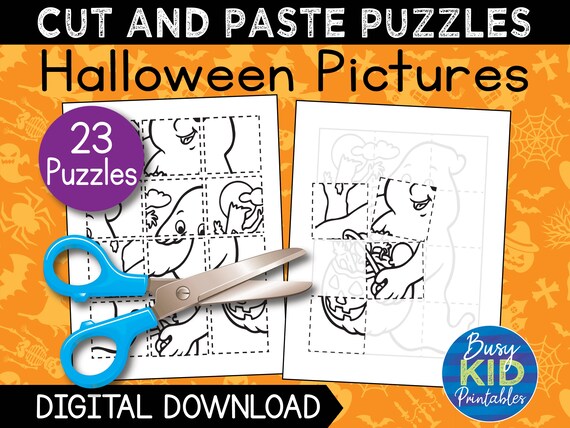 Halloween printable puzzles fun cut and paste activity pages for preschool scissor skills and coloring pumpkins ghosts witch bats