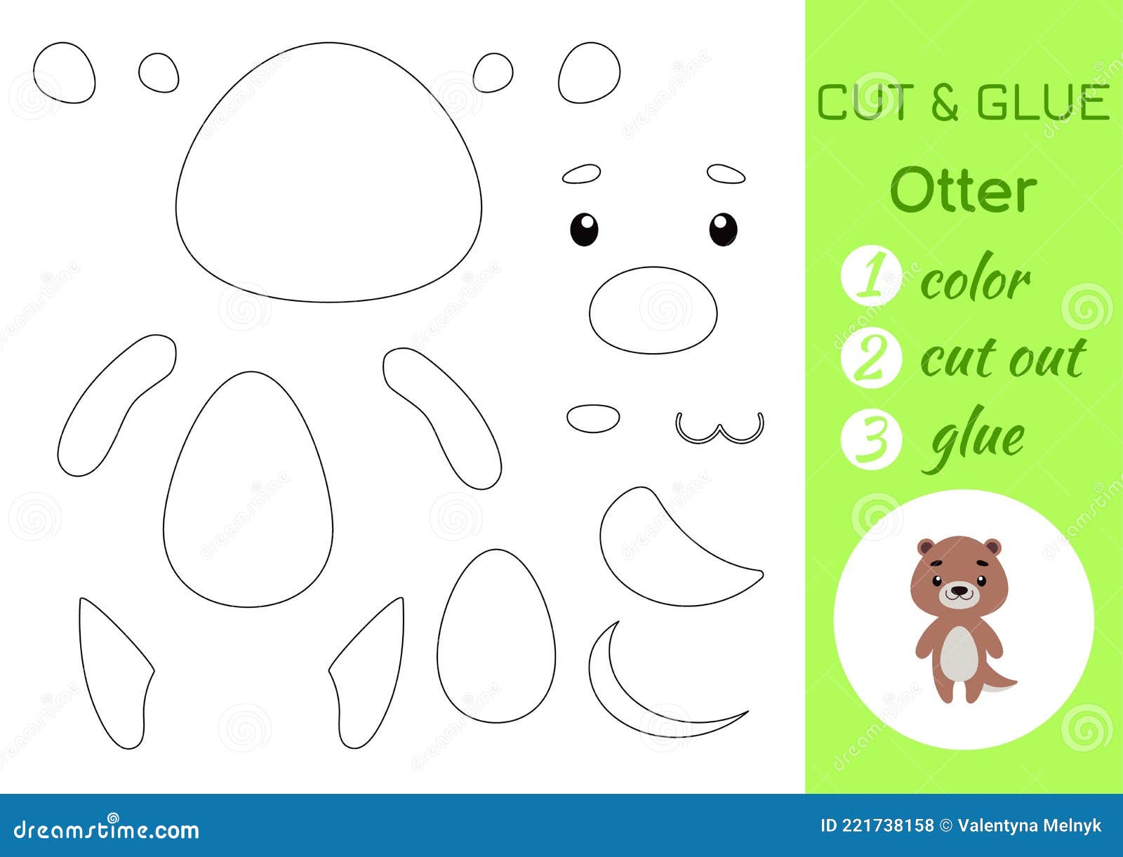 Color cut and glue paper little otter cut and paste crafts activity page educational game for preschool children stock vector