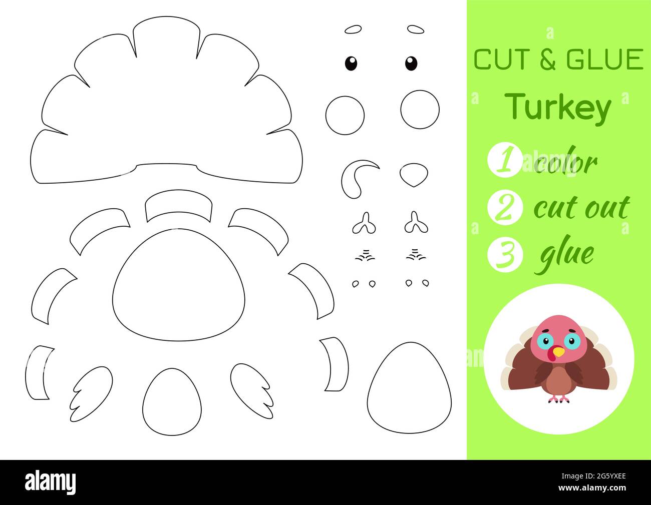 Color cut and glue paper little turkey cut and paste crafts activity page educational game for preschool children diy worksheet kids logic game stock vector image art