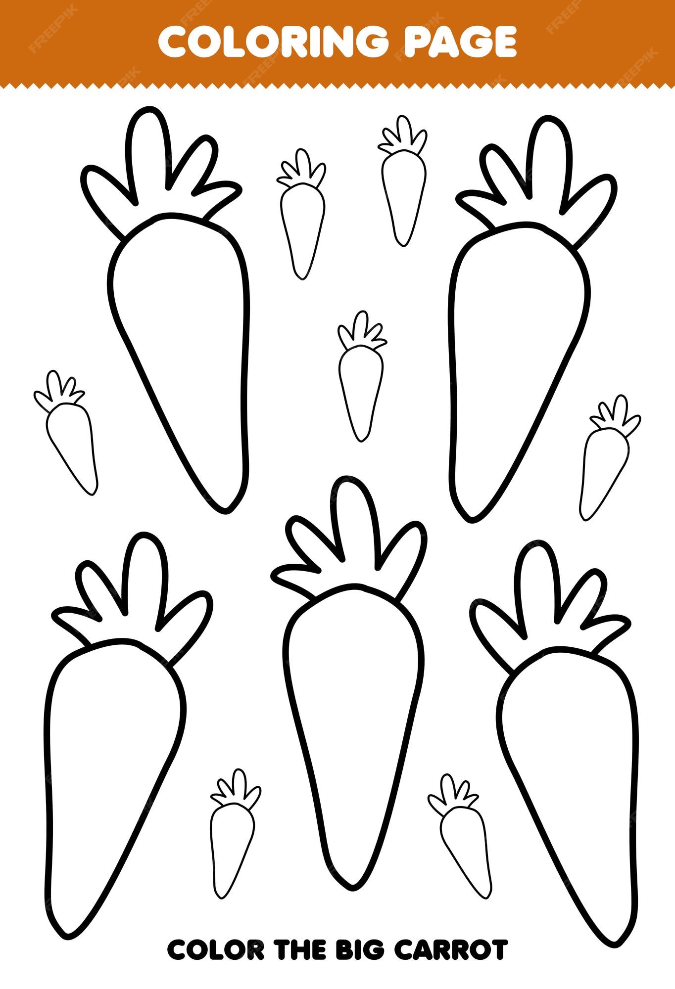 Premium vector education game for children coloring page big or small picture of cute cartoon carrot vegetable line art printable worksheet