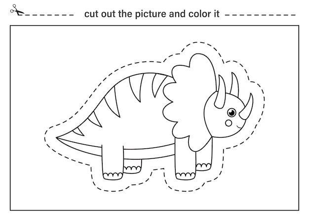 Premium vector cut out cute dinosaur and color it black and white worksheet for kids cutting practice for preschoolers