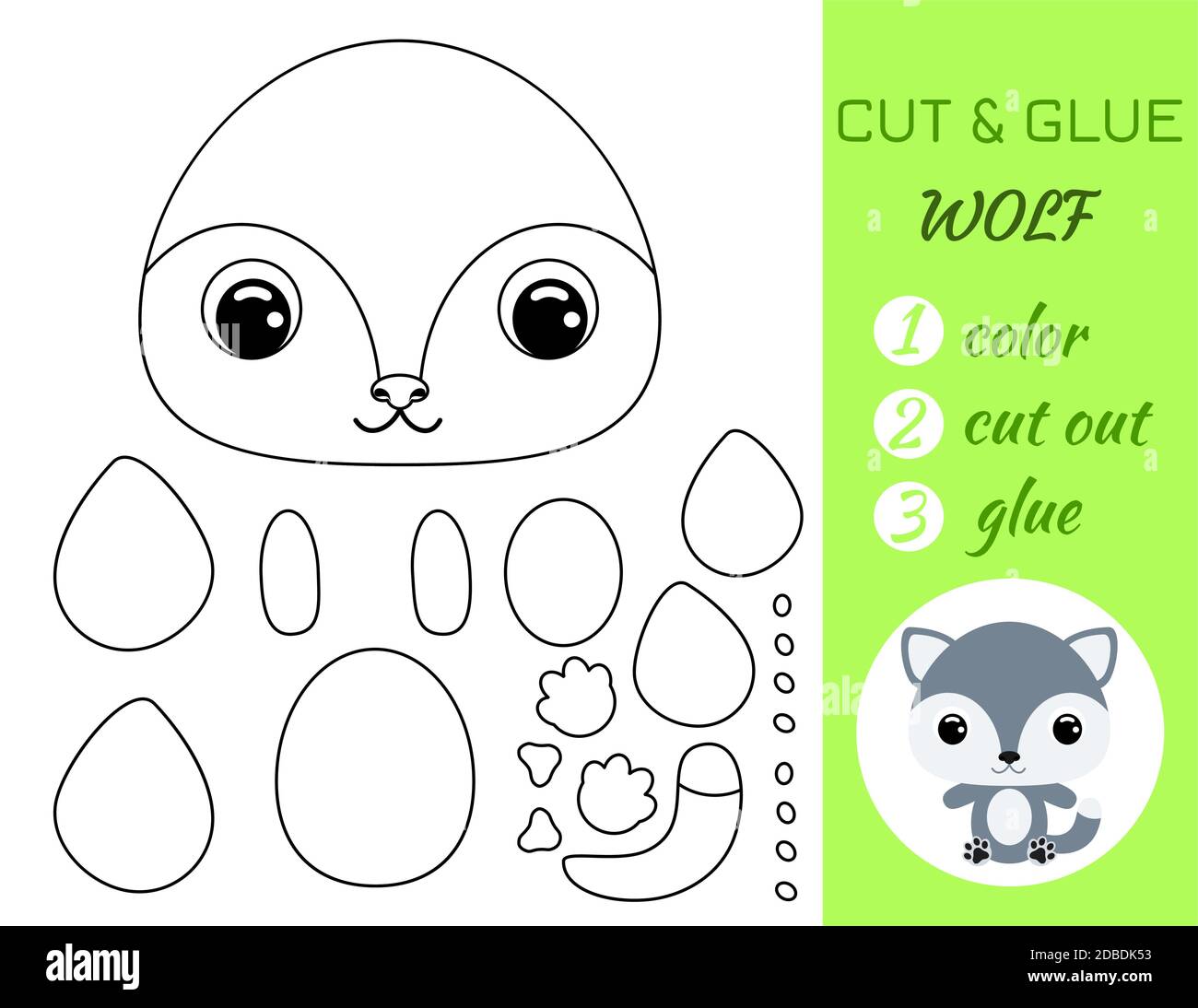 Simple educational game coloring page cut and glue sitting baby wolf for kids educational paper game for preschool children color cut parts and glu stock vector image art