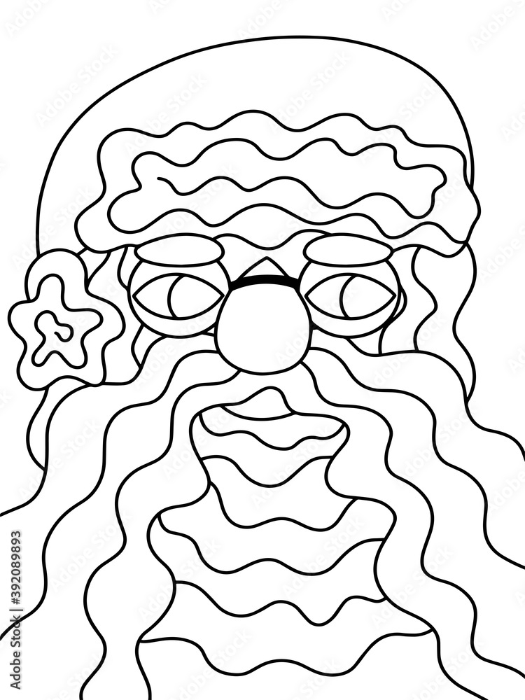 Santa claus portrait coloring page vector illustration funny winter cartoon character santa with xmas hat glasses big beard and mustaches merry christmas coloring page for adults and kids vector