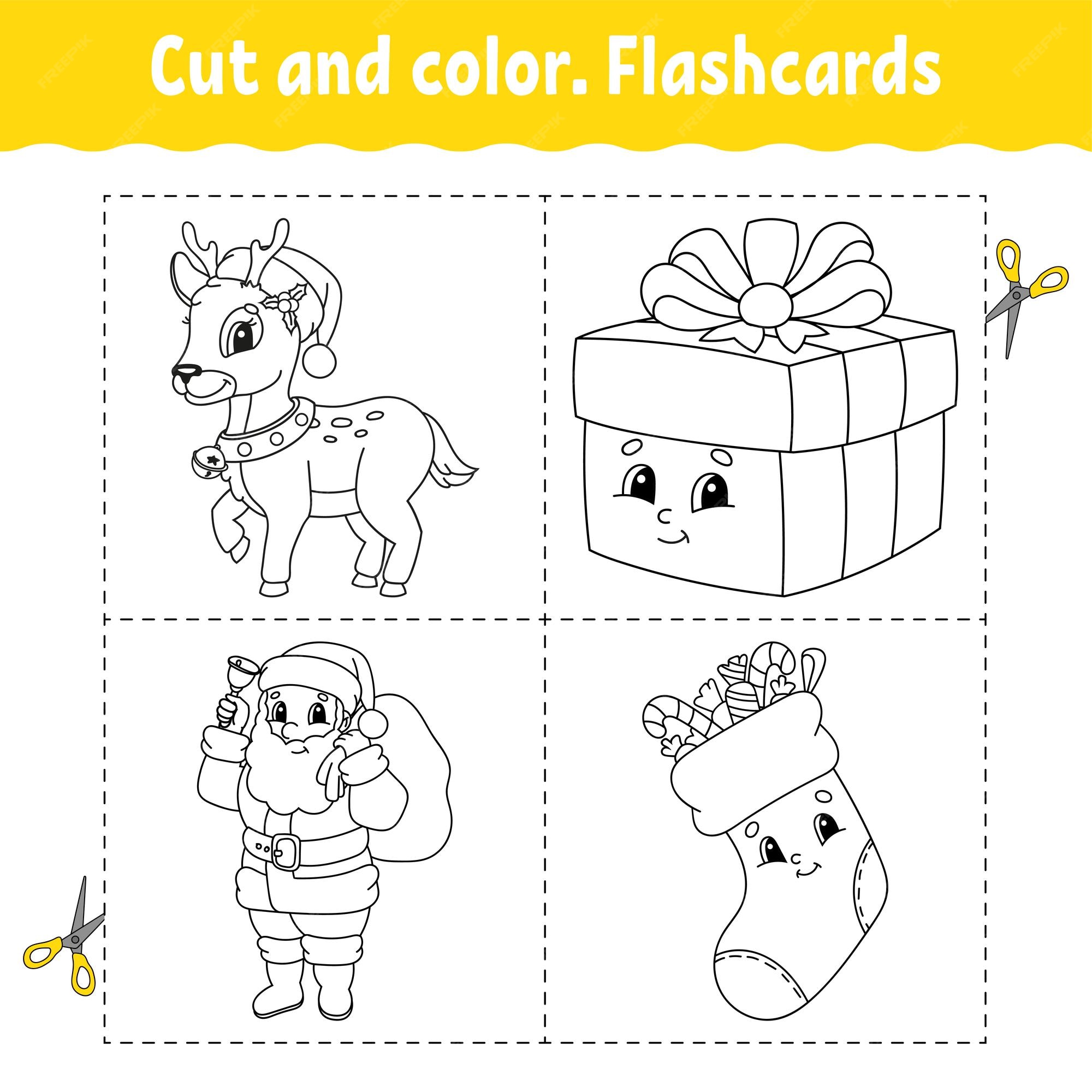 Premium vector cut and color flashcard set coloring book for kids cute cartoon character black contour silhouette christmas theme