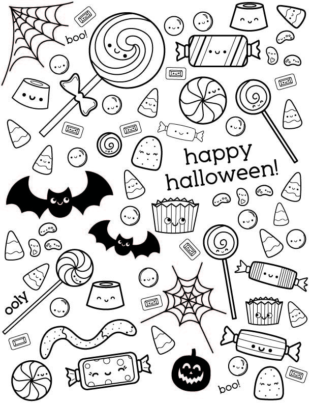 Uncolored happy halloween coloring page with candy designs candy coloring pages halloween coloring pages printable halloween coloring pages