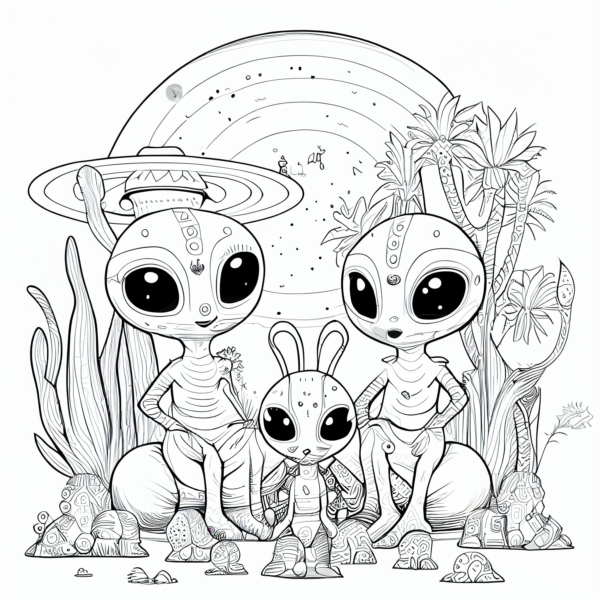 Printable colouring book alien family