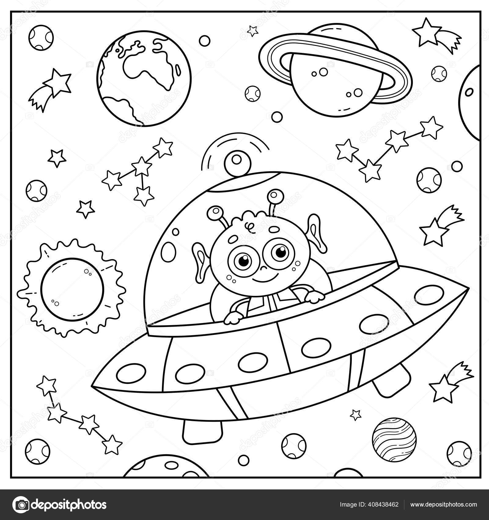 Coloring page outline cartoon flying saucer alien space coloring book stock vector by oleon