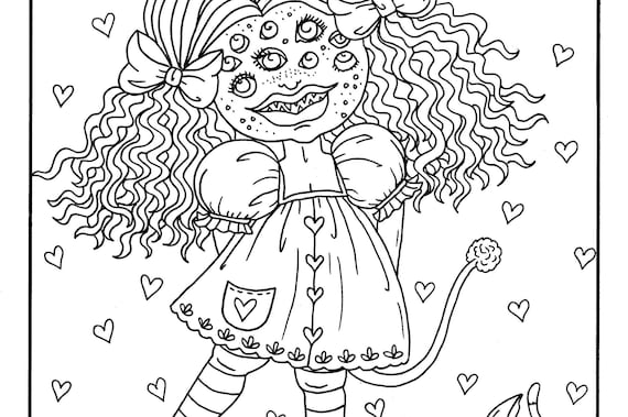 Creepy but cute girls coloring book digital instant download pdf halloween pop manga gothic monsters ghosts