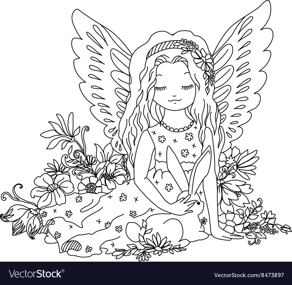 Cute angel with bunny coloring book royalty free vector