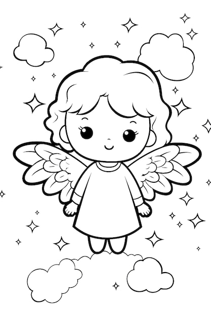 Premium vector coloring page of a cute angel with stars and clouds