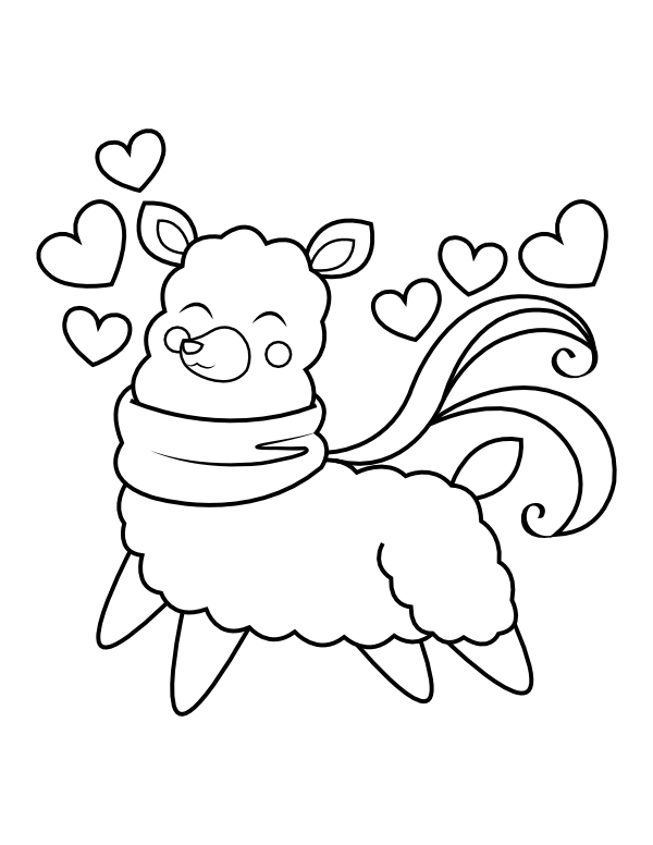 Printable llama and hearts coloring page