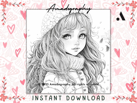 Cute anime girl coloring page printable adult coloring pages book download light dark greyscale illustration download now