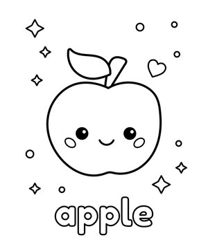 Cute cartoon kawaii apple coloring page with fruit about healthy food for kids vector illustration vector