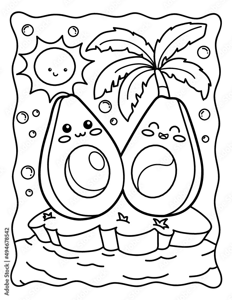 Kawaii coloring page cute avocados on the island rainbow coloring book with avocadoblack white illustration vector