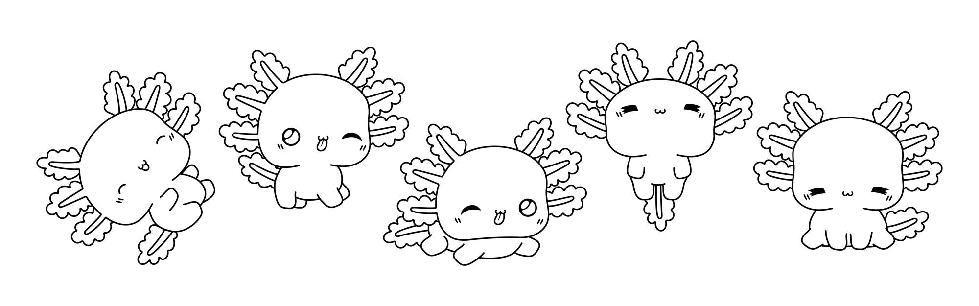 Premium vector set of kawaii isolated axolotl coloring page collection of cute vector cartoon animal outline