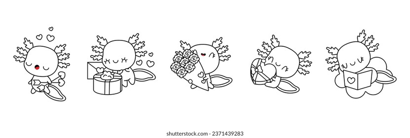 Set kawaii axolotl coloring page illustrations stock vector royalty free