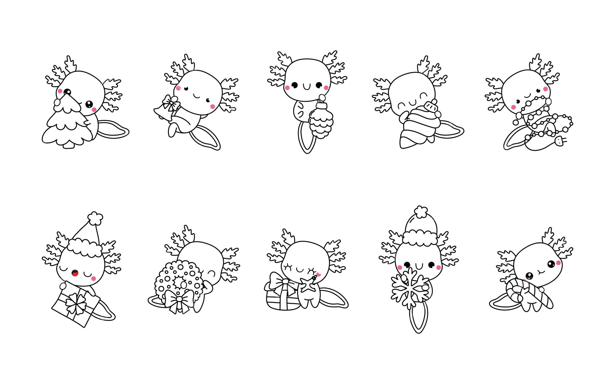 Premium vector set of kawaii christmas axolotl coloring page collection of cute vector christmas animal outline