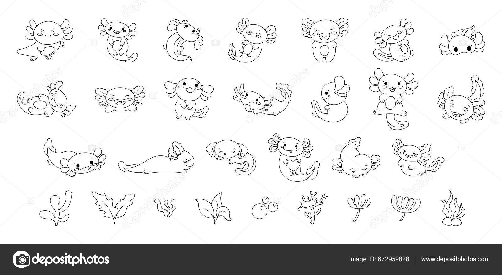 Axolotl cute kawaii character underwater plants algae coloring page vector stock vector by palau