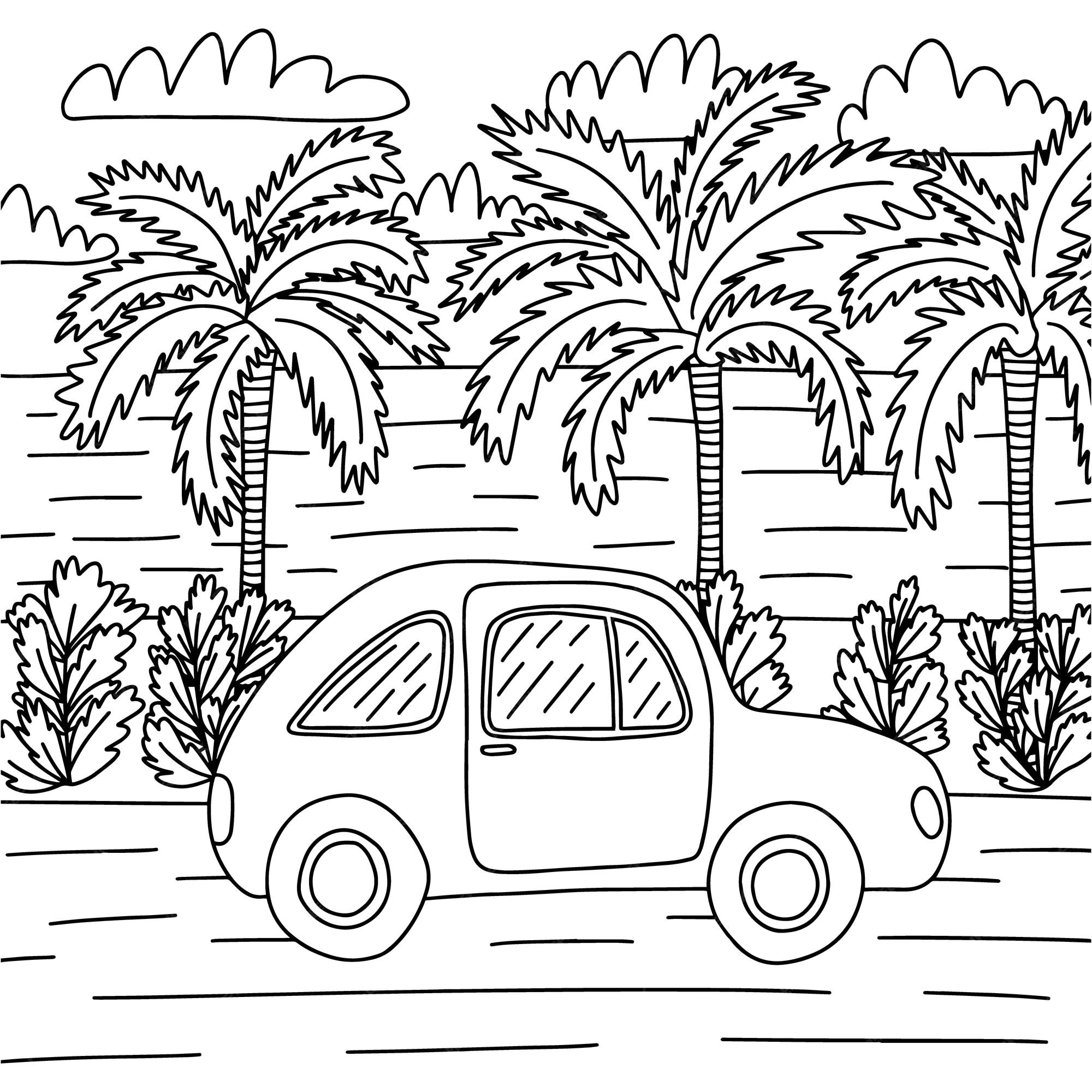 Premium vector cute summer coloring page with trendy car sea and palms vector illustration hand drawn summer beach coloring page for children and adults