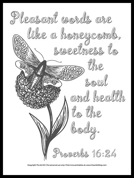 Free printable bible verse coloring page pleasant words are like a honeyb â the art kit