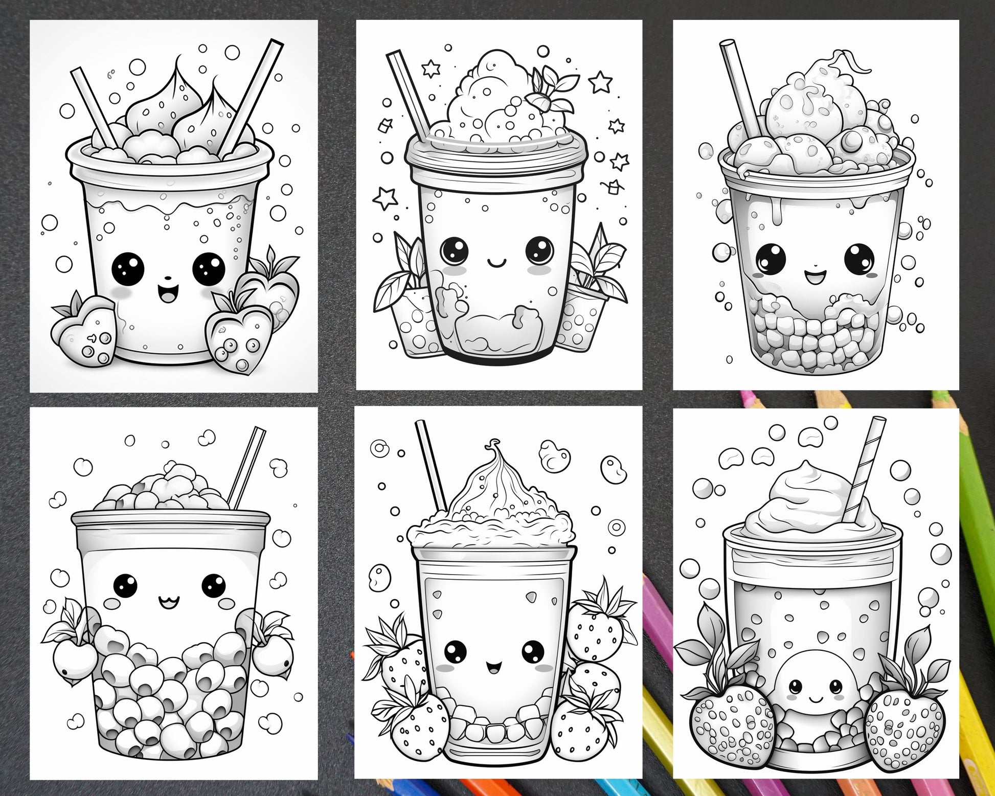 Cute kawaii boba tea grayscale coloring pages for adults and kids â coloring
