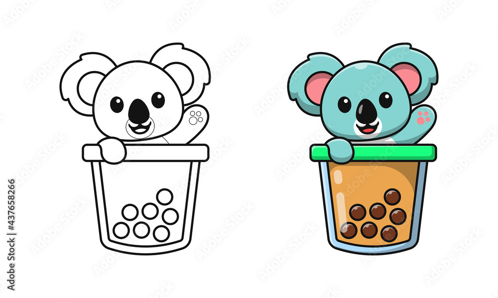 Cute koala in bubble tea cartoon coloring pages for kids vector