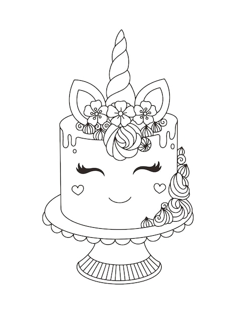 Premium vector unicorn cake printable coloring book for kids vector illustration with handdrawn doodle style