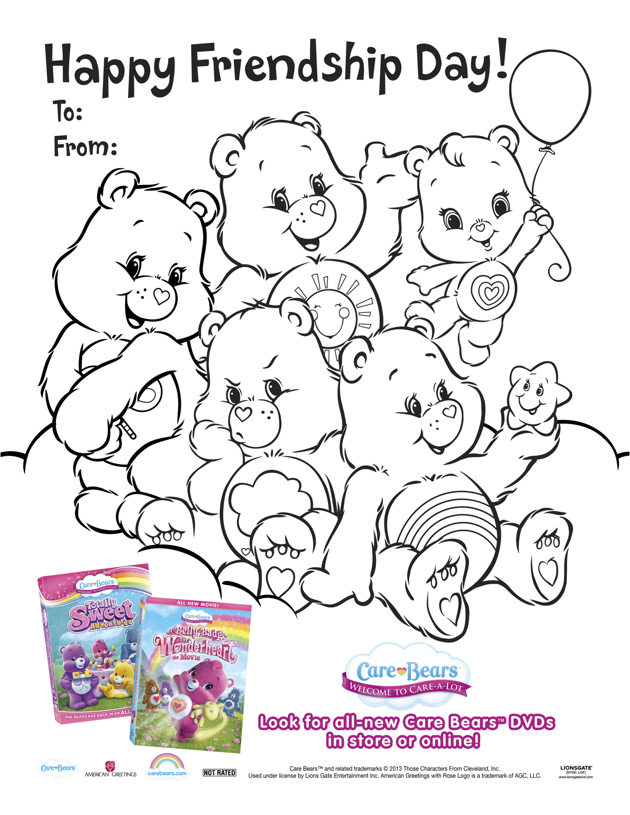 Care bears printable friendship day coloring page