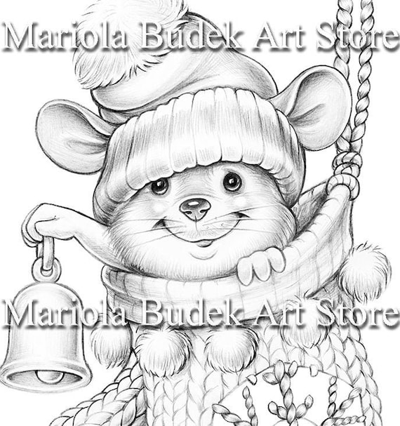 Christmas time mariola budek coloring page printable adult kids cute animal colouring pages instant download grayscale ilustration pdf