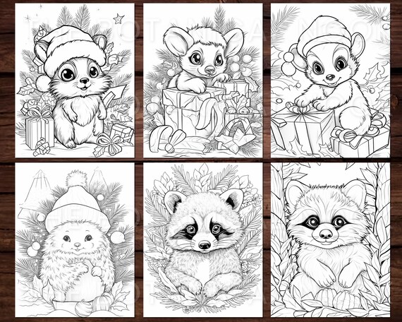 Christmas critters cute animal coloring page book adults kids instant download grayscale coloring page printable pdf squirrel fox