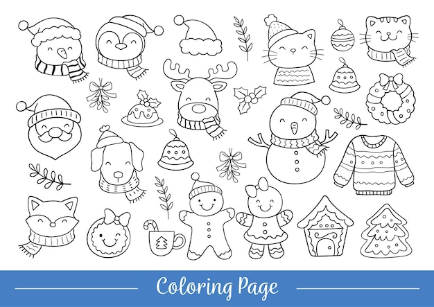 Premium vector draw coloring page cute animal for christmas and winter