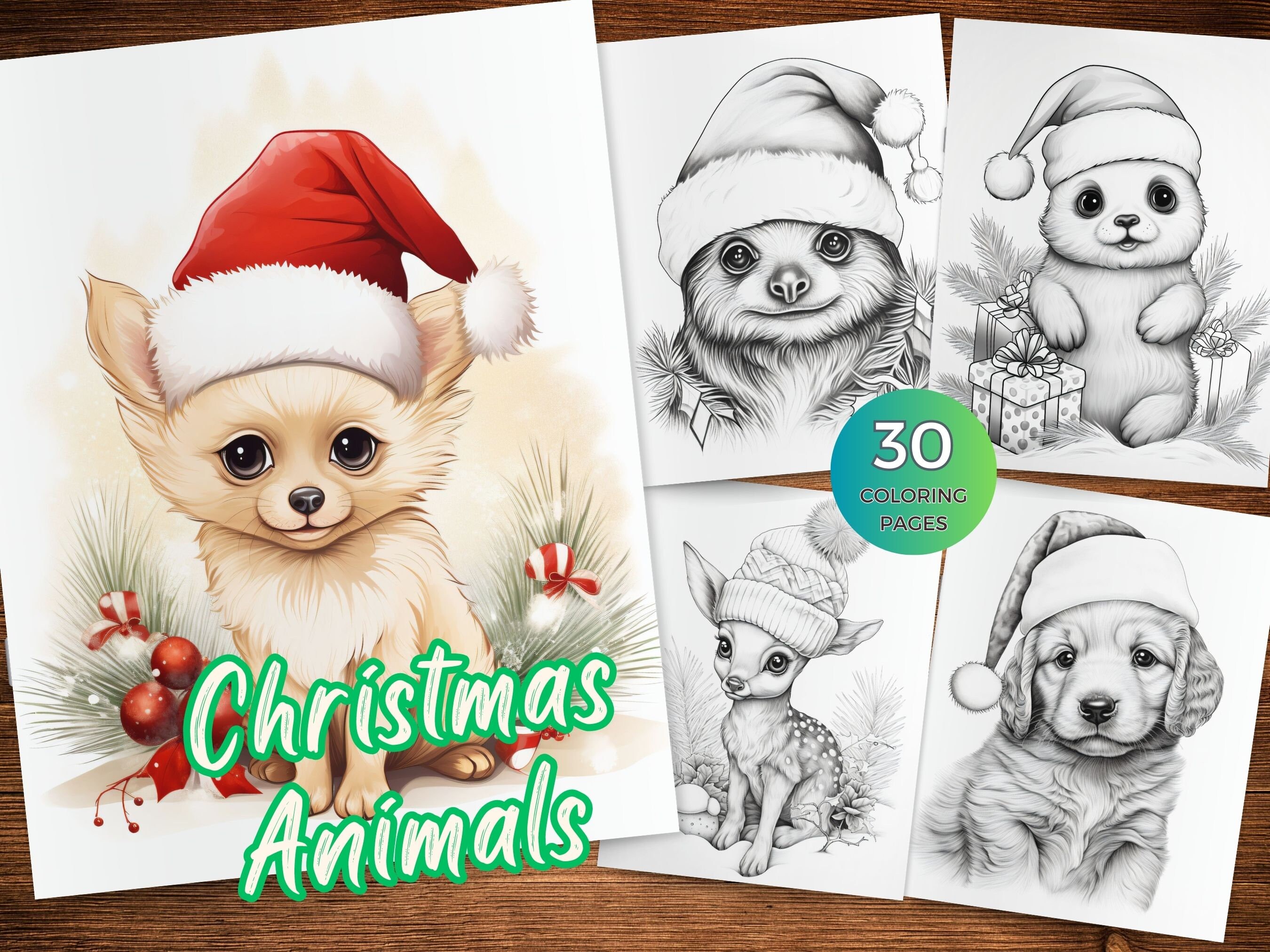 Cute christmas animals coloring pages christmas animals coloring book instant download animals grayscale coloring sheets printable christmas