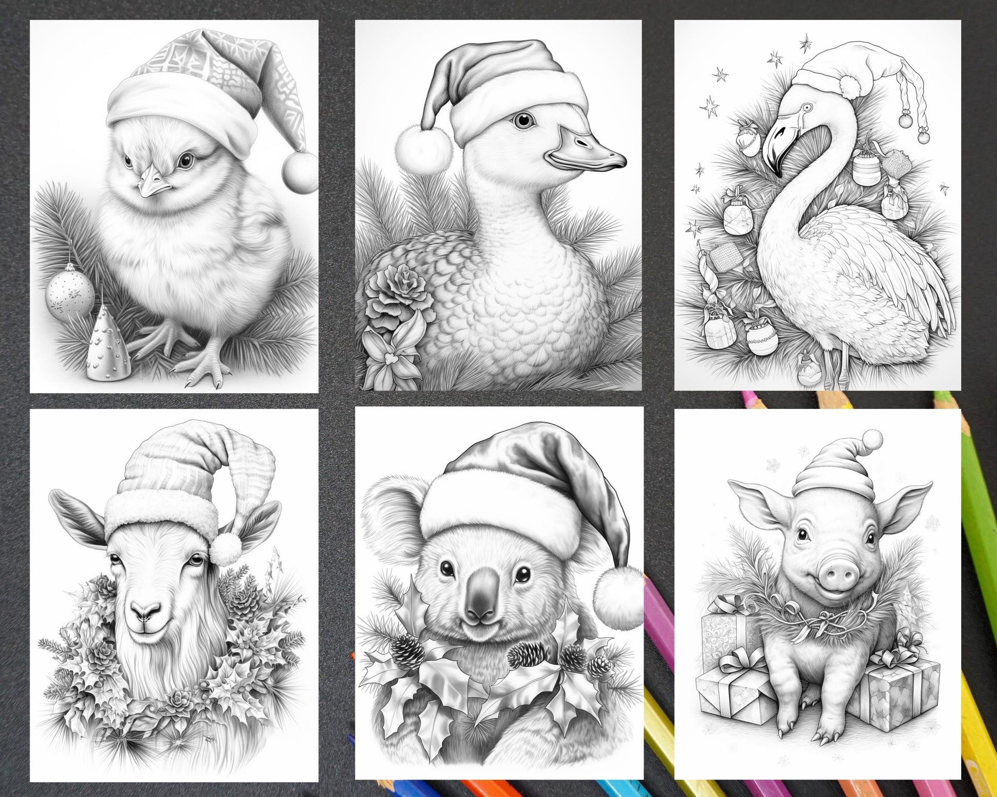 Christmas animals grayscale coloring pages printable for adults pd â coloring