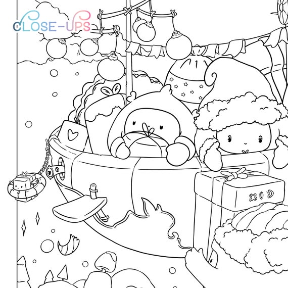 Christmas coloring page cute little xmas helpers winter adult coloring page kawaii santa doodle digital download pdf printable by jen katz instant download