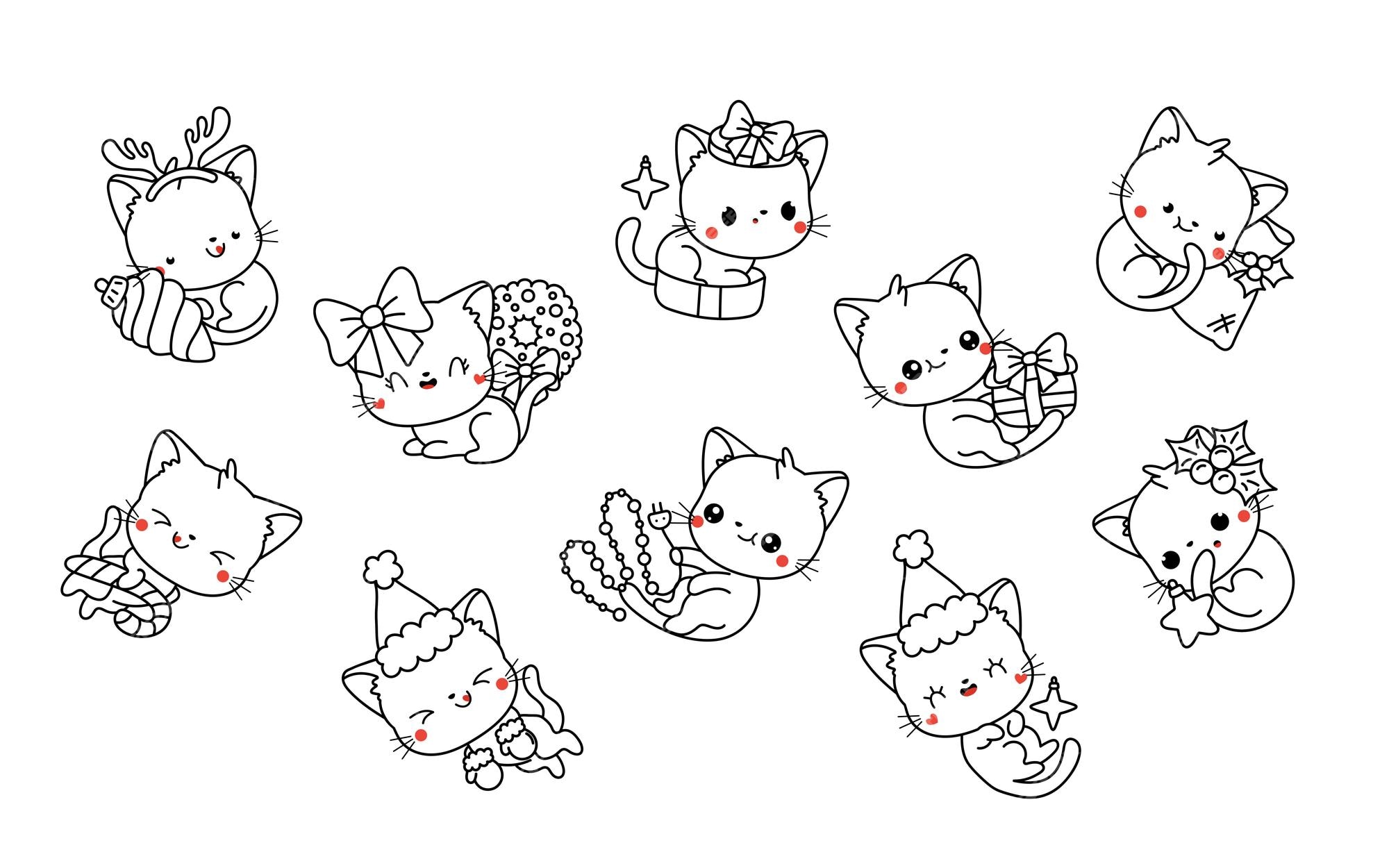 Premium vector set of kawaii christmas cat coloring page collection of cute vector christmas kitten outline