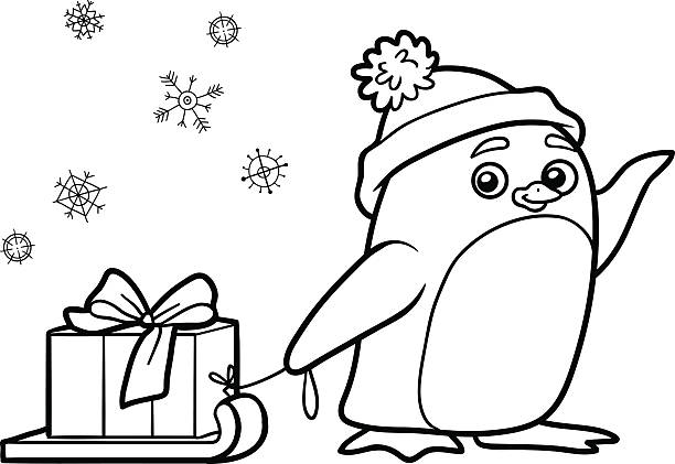 Coloring book penguin with christmas gift stock illustration