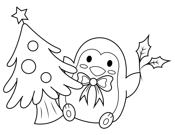 Printable penguin and christmas tree coloring page