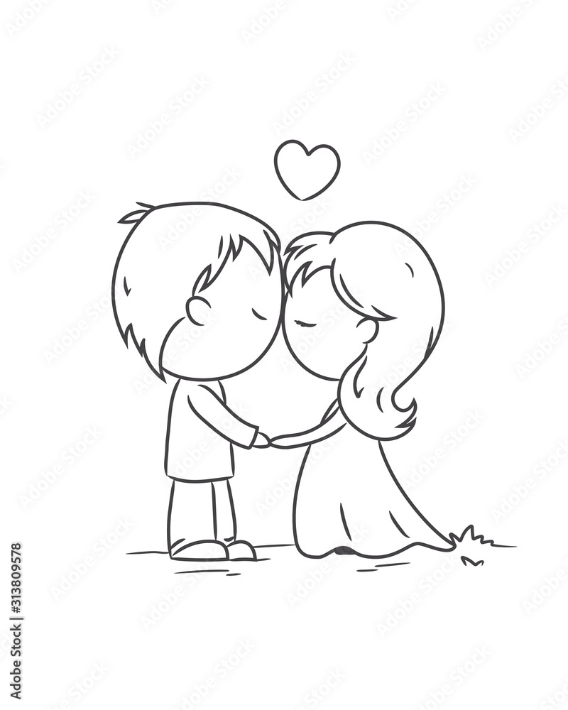 Boy and girl kiss a cute couple coloring book for children valentines day vector illustration contour hand drawing use for coloring book or gift cards