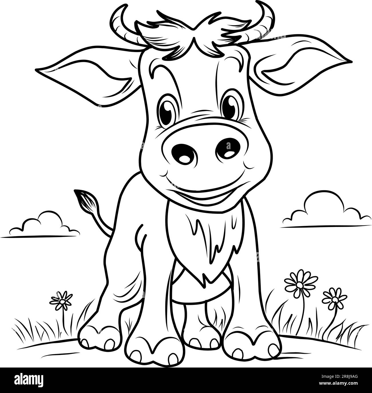 Coloring page of a cow calf cute funny character linear illustration childrens for coloringcow farm stock vector image art