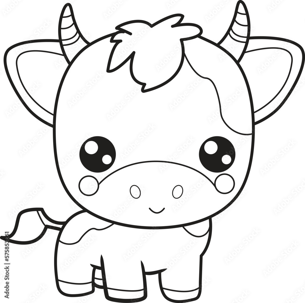 Cute cow cartoon black and white lines coloring page for kids activity book vector