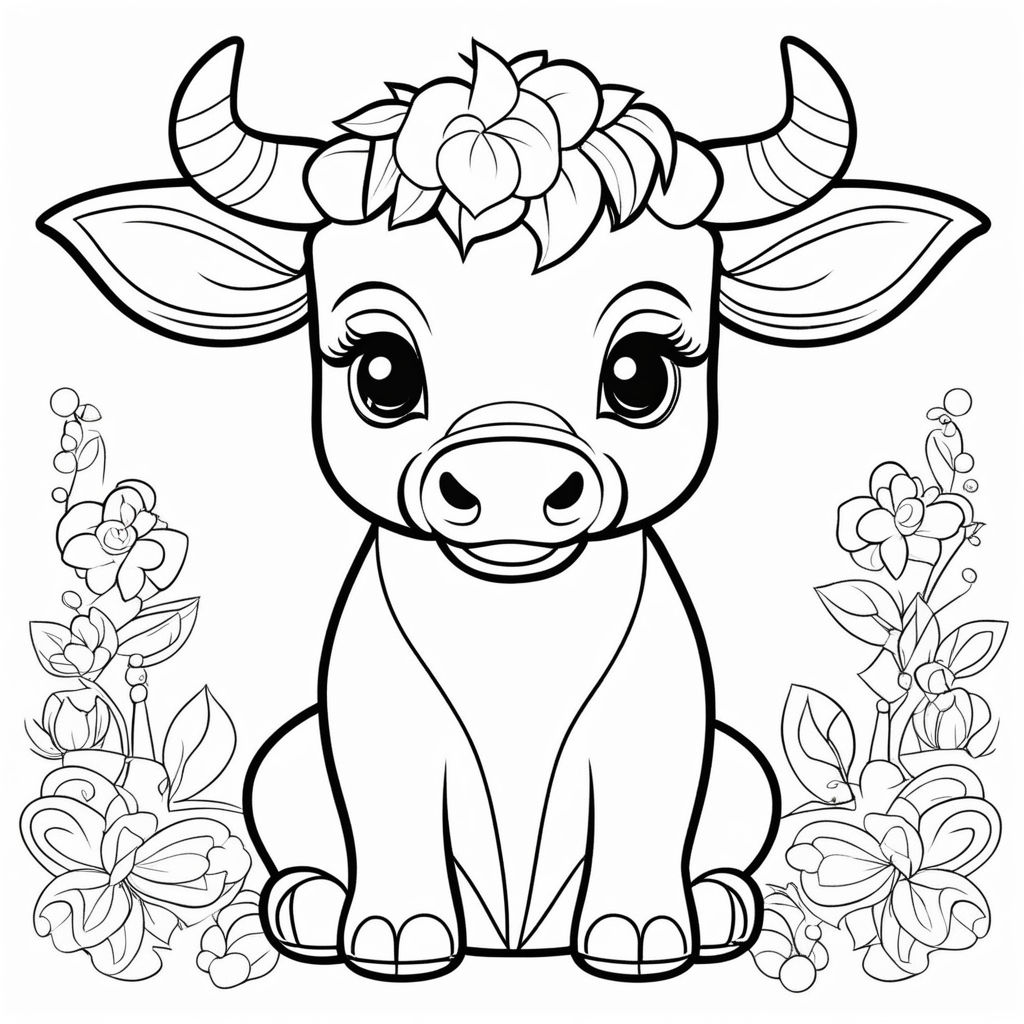 D outline simple monochromatic childrens coloring book page featuring a cow