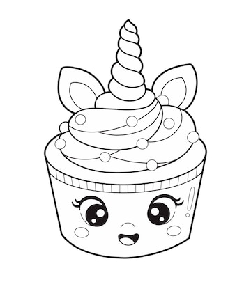 Premium vector cute cartoon unicorn cupcake coloring page