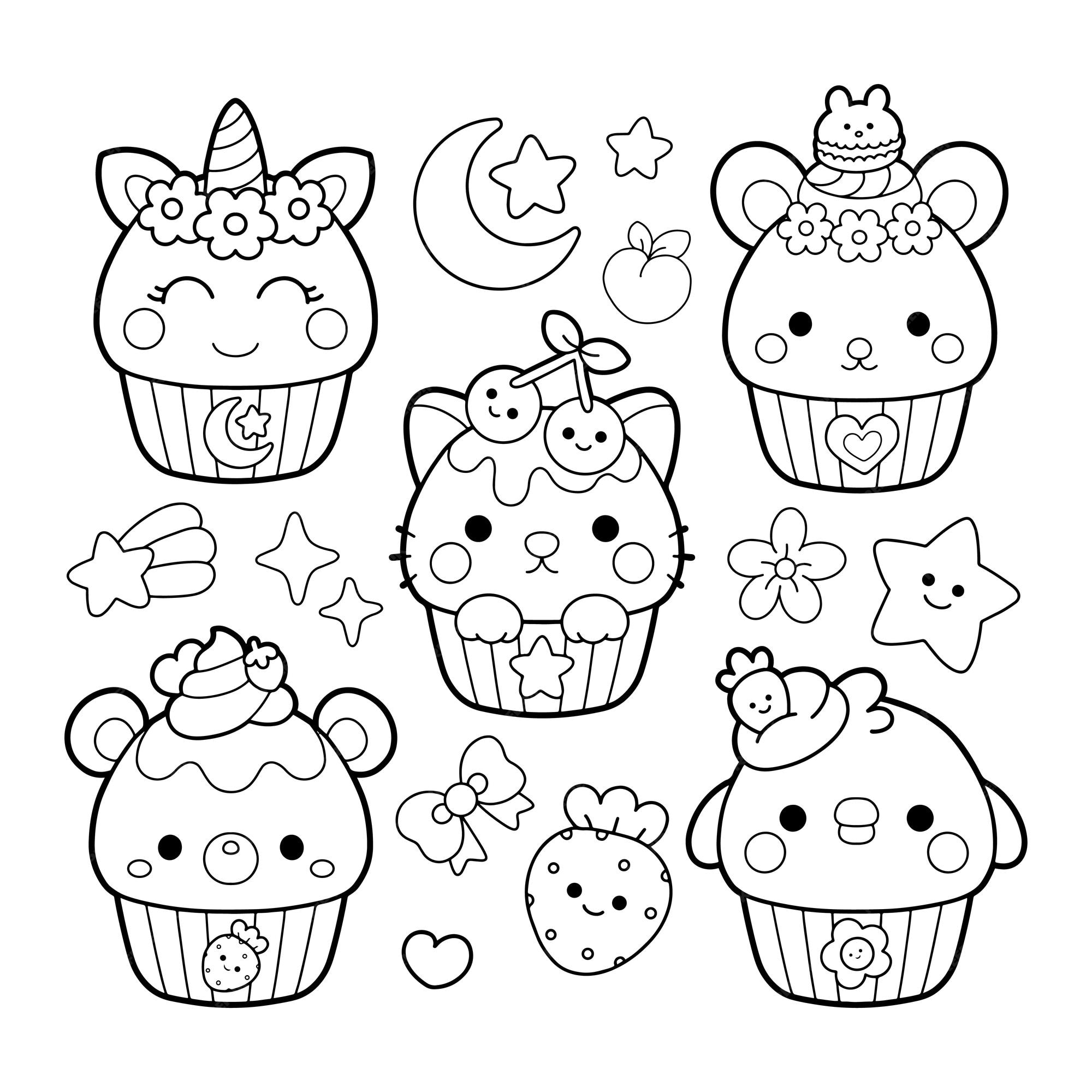 Premium vector cute cupcake characters kawaii coloring page illustration