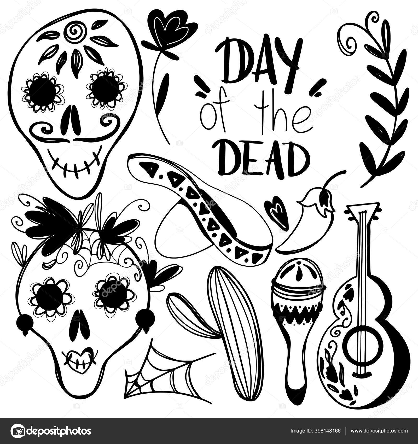 Cute kawaii death day set skull lettering guitar flower isolated stock photo by kayansh