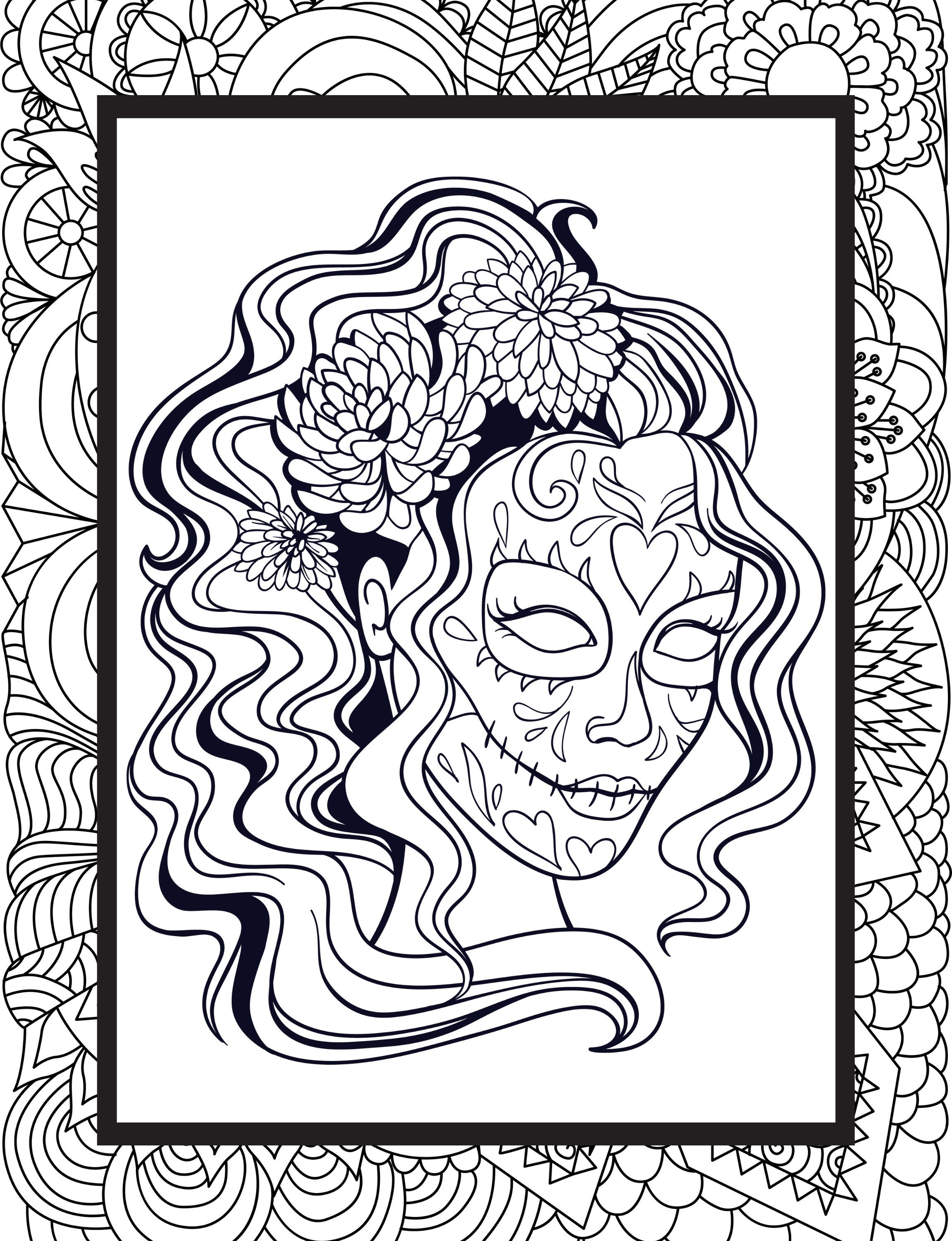 Female sugar skull coloring pages for adults day of the dead digital color book scary coloring book free pod instant download