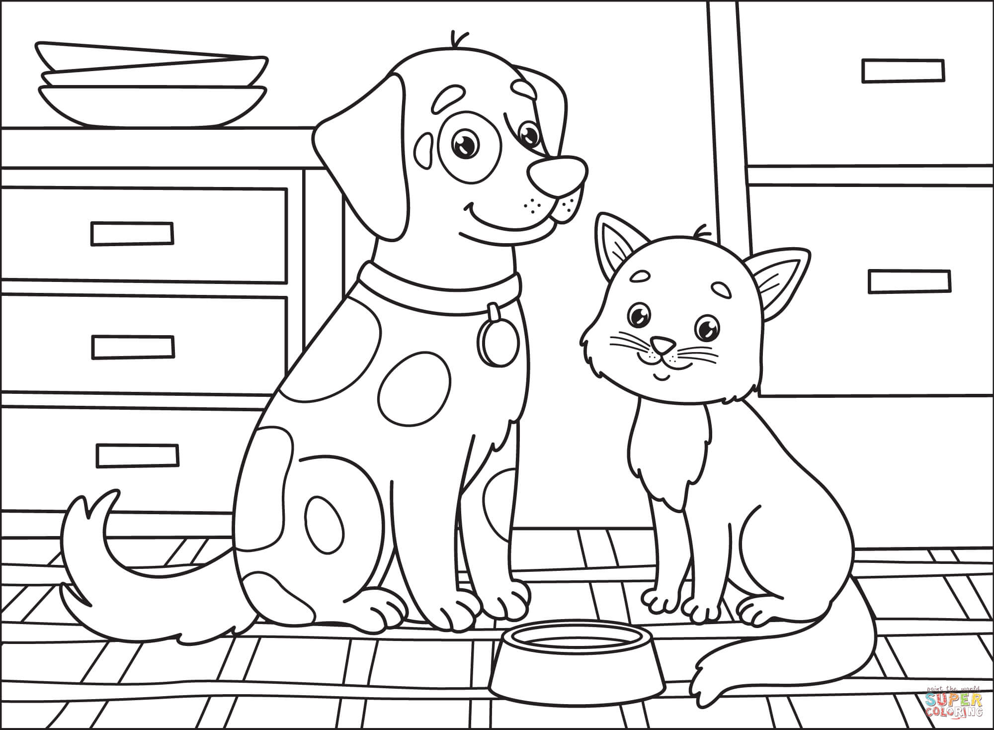 Dog cat coloring page free printable coloring pages