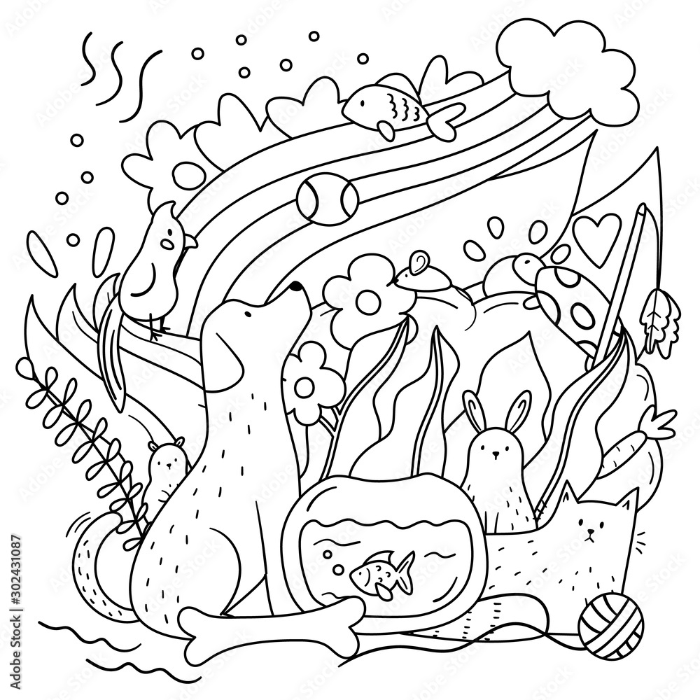 Doodle coloring page for adults and kids cute dog cat hamster turtle fish and parrot hand drawn plants and flowers vector