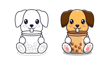 Premium vector cute dog with bubble tea cartoon coloring pages for kids