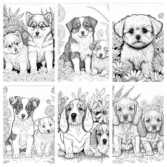 Cute puppies different species coloring book printable adult coloring pages download grayscale illustration printable pdf file